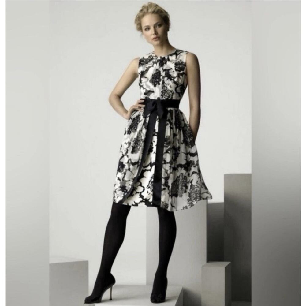 Milly 100% Silk A-line Sleeveless Cocktail Chiffon Dress Black White Bow Sz 4